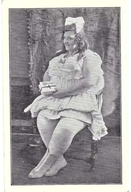 Circus sideshow 'fat lady' w/box of candy; nice 1910-20s PPPC