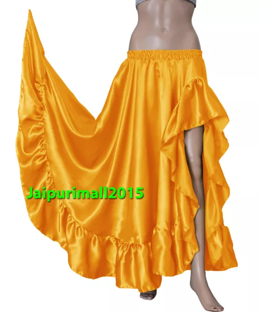 Golden Yellow Satin Ruffle Slit Skirt Long Gypsy Flamenco Tribal Belly Dance