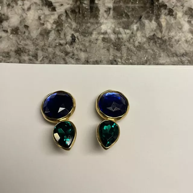 Vintage Signed Ben Amun Blue / Green Rhinestone Gold Tone Clip On Earrings