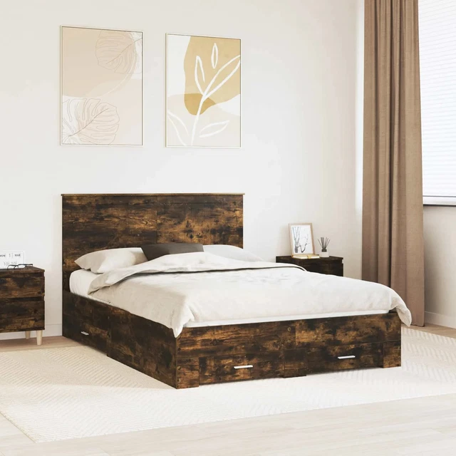 BED FRAME WITH Drawer Smoked Oak 135 x 190 cm Engineered Wood vidaXL £ ...