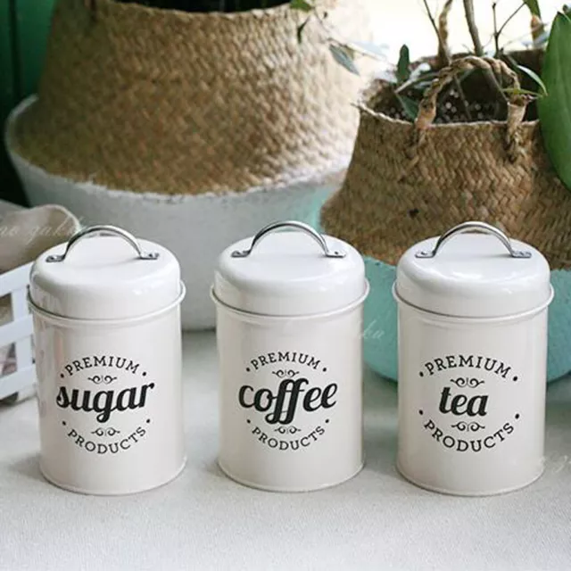 Set of 3 Retro Tea Coffee Sugar Canister Kitchen Jars Pots Tins Metal w/ Lid