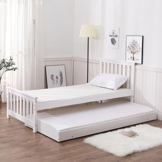SINGLE WHITE 3FT Wooden Furniture Bed with Pull Out Trundle Guest Solid