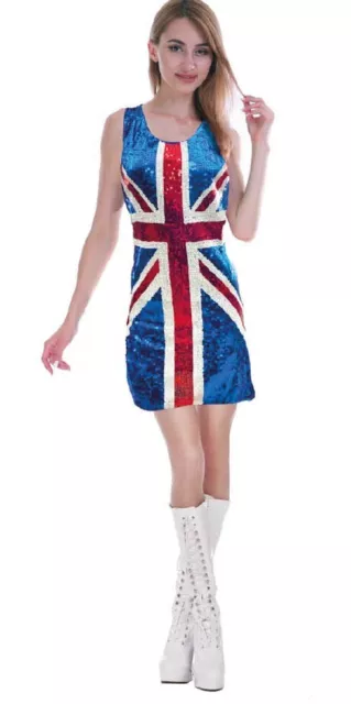 Ladies Sequin UK 90s Dress Fancy Costume Union Jack Ginger Spice Girl Pop Star