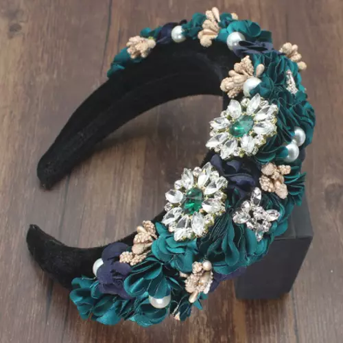 Luxury Handmade Teal Flower Padded Headband With Pearls, Rhinestones & Beads