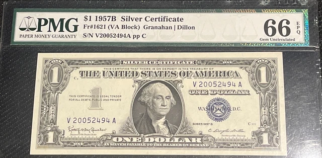 Fr#1621 (VA Block) $1 1957 B Silver Certificate 66 GEM Uncirculated EPQ