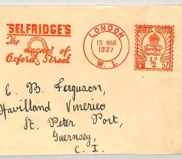 GB *KEVIII* METER 1½d Advert Selfridges SLOGAN MAGNET 1937 Cover Guernsey XE71