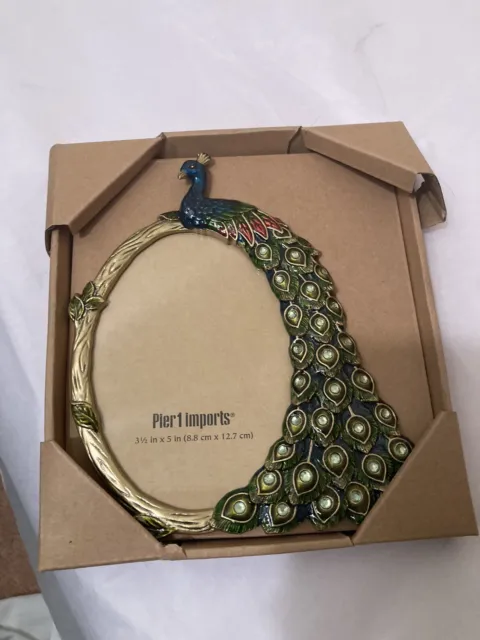 Pier 1 Imports Enameled Metal Jeweled Peacock Photo Picture Frame 3.5 “ X 5”NIB