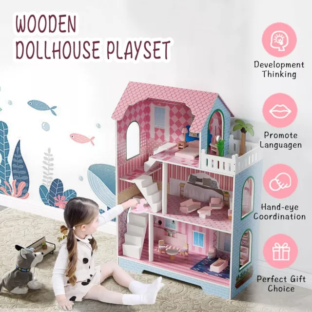3 Storey Wooden Doll House Kid Dollhouse with Furniture Accessories 2024 Gift 3