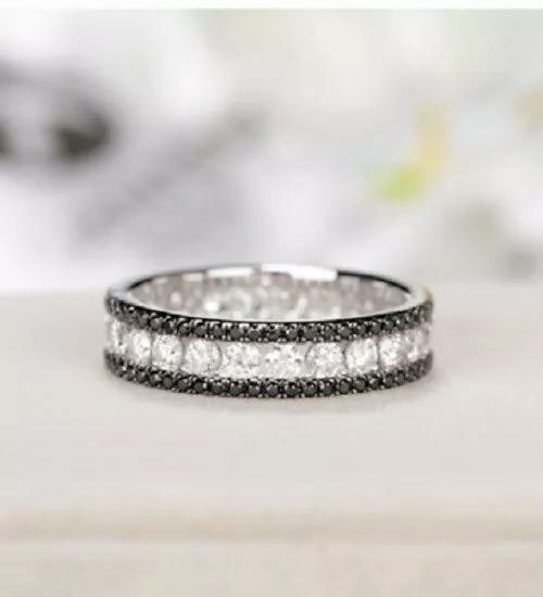 2Ct Simulated Black Diamond Full Eternity Womens Band Ring 14K White Gold Plated