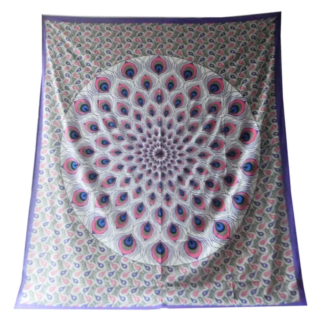 Tagesdecke Pfauenfeder violett grau 230x210cm Baumwolle Überwurf Wandbehang