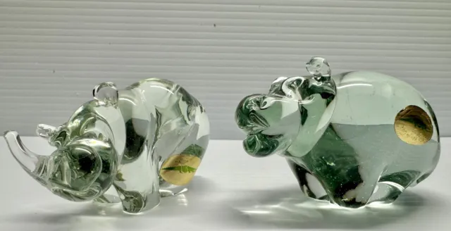 Small Hand Blown Clear Glass Figurines Rhino & Hippo Pair Paperweight Art Decor
