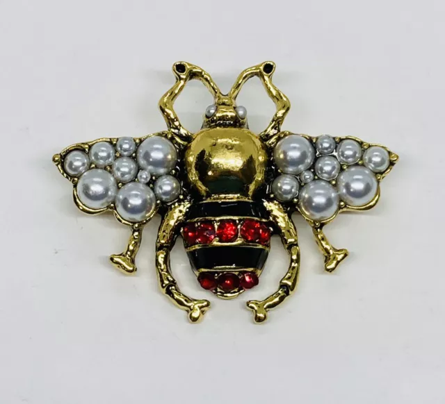 Brass Bumble Bee Red Rhinestones Faux Pearl Wing Lapel Brooch Pin Jewelry 26