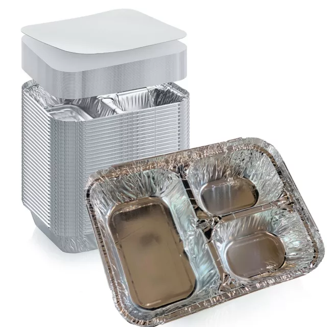 3-Compartment Aluminum Foil Pan Take-Out Meal Pan w/Board Lid Combo Pack