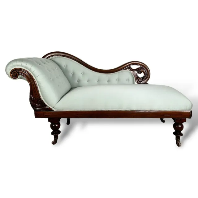 Antique Victorian Mint Green Upholstered Chaise Longue - Restored