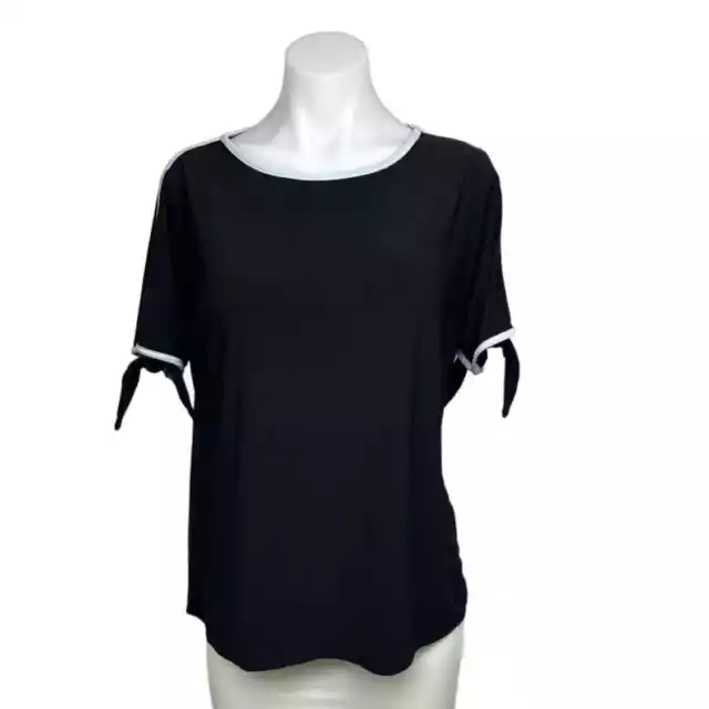 Two By Vince Camuto Black White Trim Short Sleeve Tie Round Neck Blouse Top Sz M