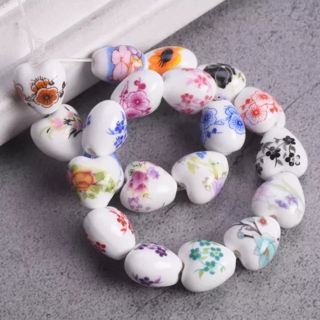 10pcs Heart Shape 13x12mm Flower Patterns Ceramic Porcelain Loose Beads Lot 3