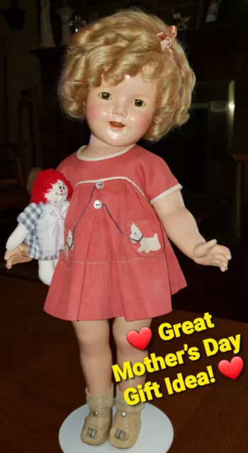 Vintage 1930s Ideal 18" Composition Shirley Temple Doll - Coral Scottie Dress!