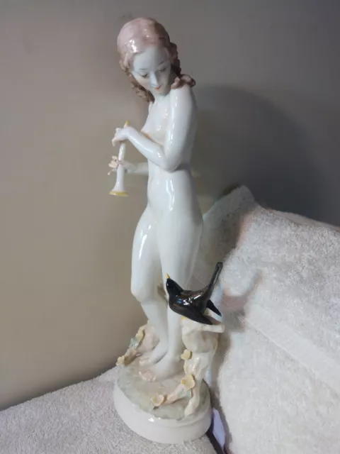 Finest Vtg Art Deco Hutschenreuter German Porcelain Figurine Forest Nude w Bird