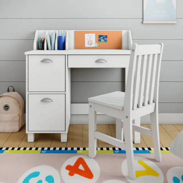 Wooden White Study Desk for Children with Chair, Table with Drawers Storage
