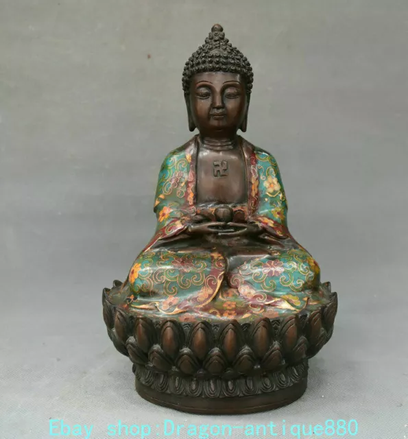 11.6" Old China Bronze Cloisonne Shakyamuni Amitabha Buddha Statue Sculpture