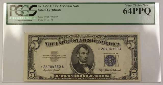 1953A $5 Five Dollar Silver Certificate Fr. 1656* Star PCGS Very Choice 64 PPQ