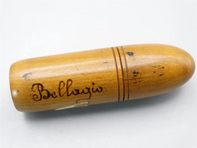 Antique Turned Wood Sewing Thread Case marked Bellagio