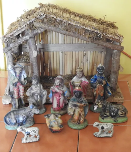 Vintage nativity scene set barn figures Papier-mâché noel Christmas old boxed