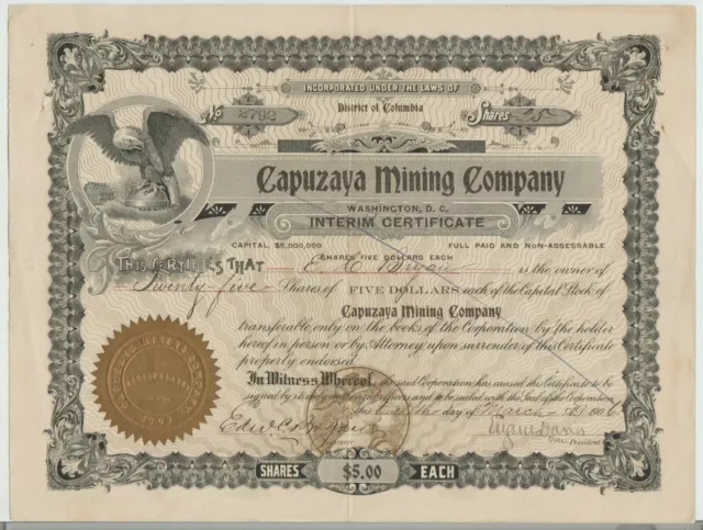 1906 Capuzaya Mining Company Stock Certificate District of Columbia