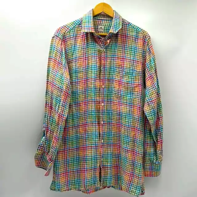 Peter Millar Plaid Check 100% Linen Long Sleeve Shirt Mens Size Medium  Red Pink