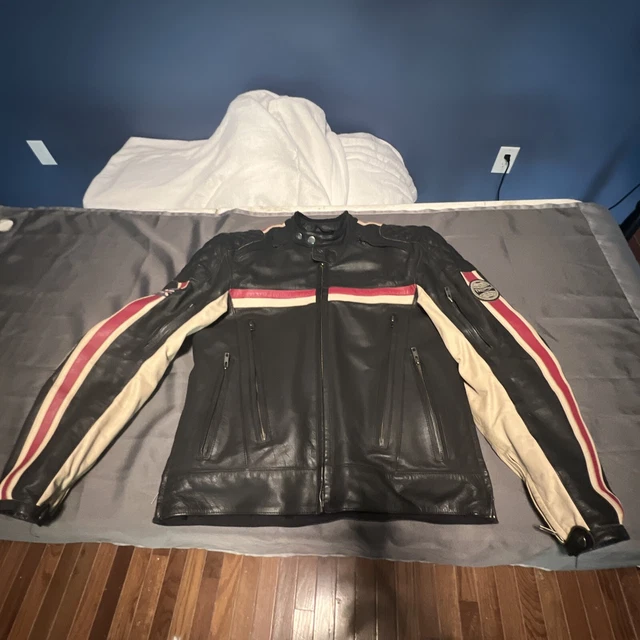 Triumph Mens Stockton Leather Motorcycle Jacket Sz 40/50 Black Stripe Cafe Racer