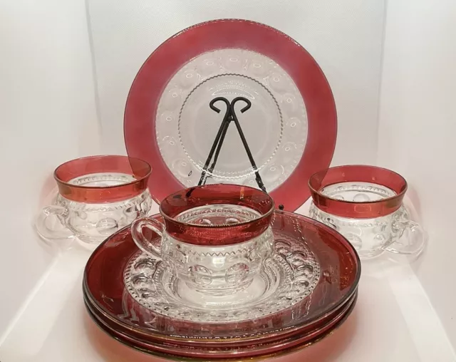 Tiffin Franciscan Kings Crown Cranberry Red Thumbprint Glass Plate and Cup Lot