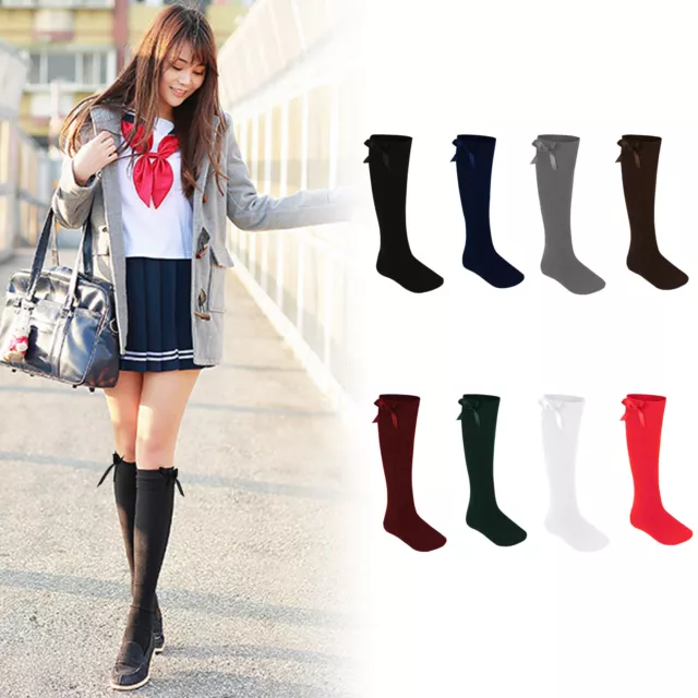 Girls Knee High Socks With Bow Long Cotton Rich Children School Uniform New UK