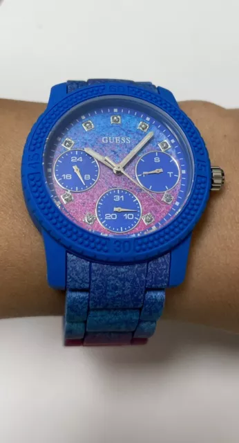 GUESS Women's Silicone Blue Multicolor Watch Pink Multifunction diamond U0944L2