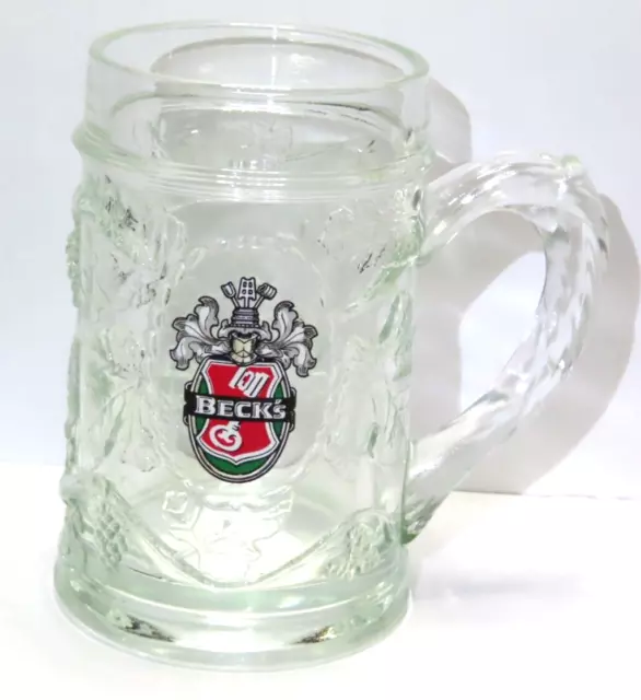 VINTAGE BECK'S BEER HEAVY GLASS STEIN MUG ORNATE GRAPE LEAF DESIGN 5" Tall