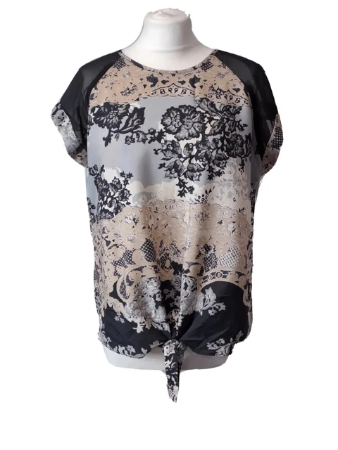 Wallis Black Beige Grey Knot Front Floral Blouse Womens Size Medium (R30)