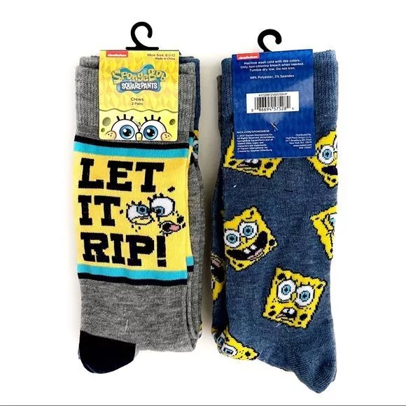 SpongeBob SquarePants Nickelodeon Crew Socks Let it Rip 2 Pairs Mens Womens Gift