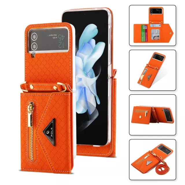 POLA Leather Hinge Cover for Samsung Galaxy Z Flip 4 Backpack Wallet Case Strap