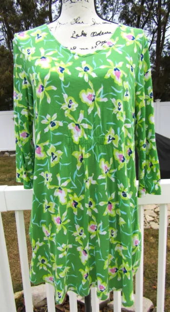 J. JILL Sz M Knit Top Green Floral Tunic Cinched Waist 3/4 Sleeve *NWOT