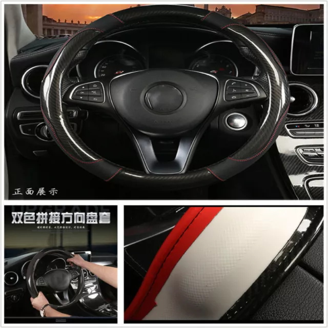 38cm Black Carbon Fiber Leather Style Stitching Car Steering Wheel Cover Durable