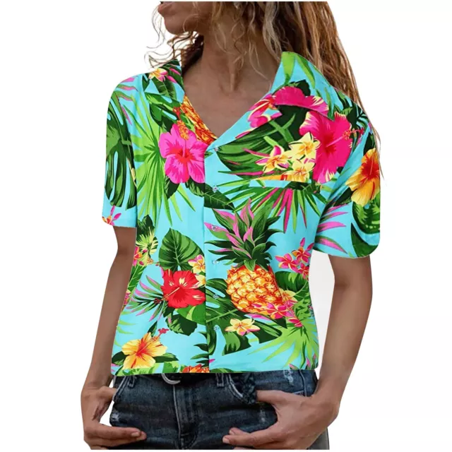 Flowers Leaves Blouse Pineapple Funky Shirt Frontpocket Women'S Hawaiian Print 2