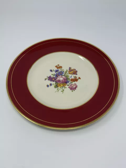 Syracuse China OPCO Old Ivory Dinner Plate Maroon & Gold Rim Flowers Made In USA