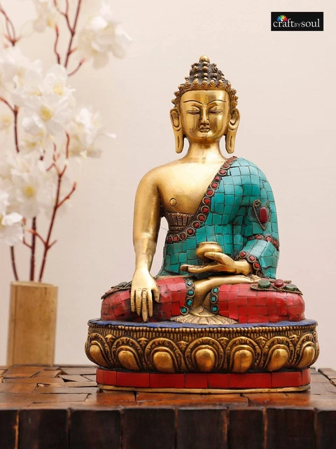 Brass Buddha Statue Tibetan Carved & Inlaid With Stone Buddhism Peace Figurine