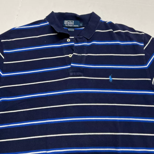 RALPH LAUREN POLO Shirt Mens Large Blue White Striped Pony Rugby Preppy ...
