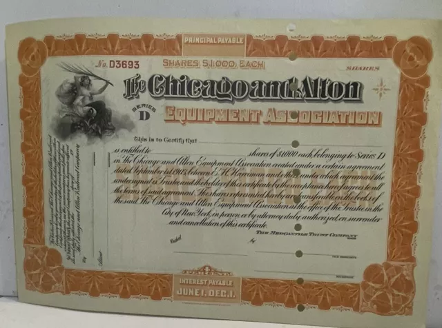 Chicago And Alton Stock Certificate. For Equipment Association. Series D