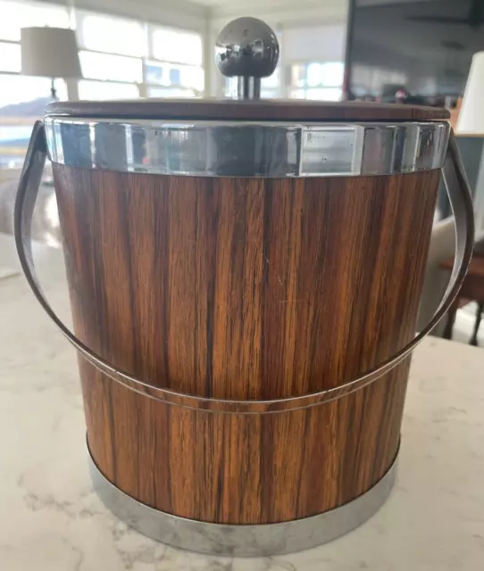 Vintage Mid-Century Modern Chrome Faux Wood Finish Ice Bucket with Teak Wood Top