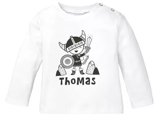 Baby Langarmshirt mit Namen personalisiert kleiner Wikinger Skandi Stil Junge