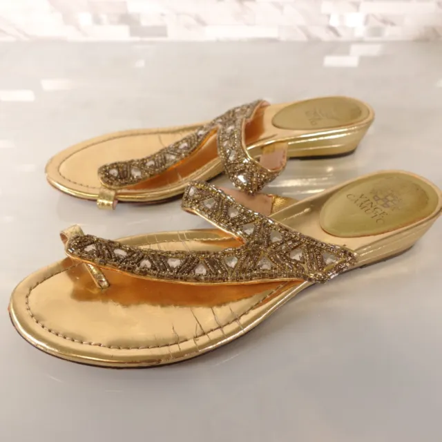 Vince Camuto Sandal Women Leather Size 10 Flip Flop Thong Flat Gold Slide Sequin