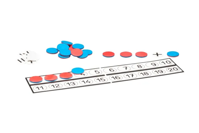 Rechenleiste mit 22 Wendeplättchen rot/blau aus RE-Plastic° und 10 Rechenzeichen
