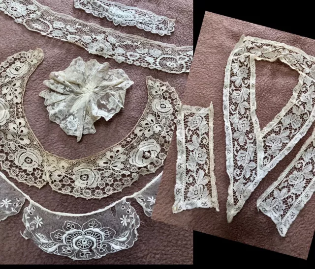 Vtg ANTIQUE 8Pc LOT)  EDWARDIAN  GUIPURE & VALENCIENNES LACES Cuffs-Collar Set