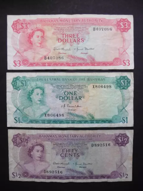 Banknotes ~ Three Bahamas $3 1968, $1 1974, 50 Cents 1968